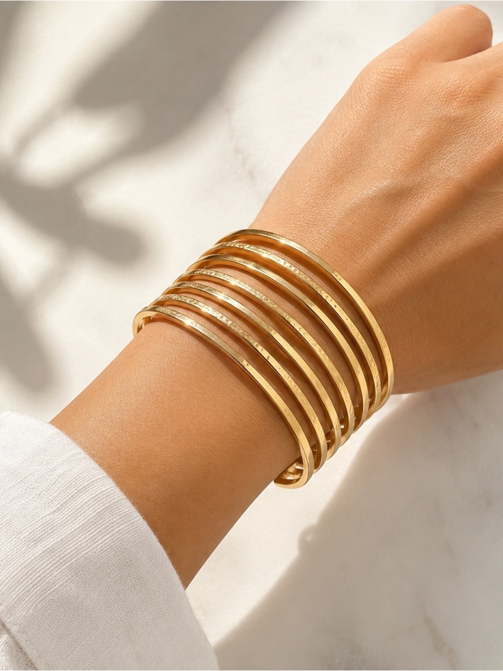18K Gold Plated Multi Band Cuff Bracelet Adjustable Stacked Bangle